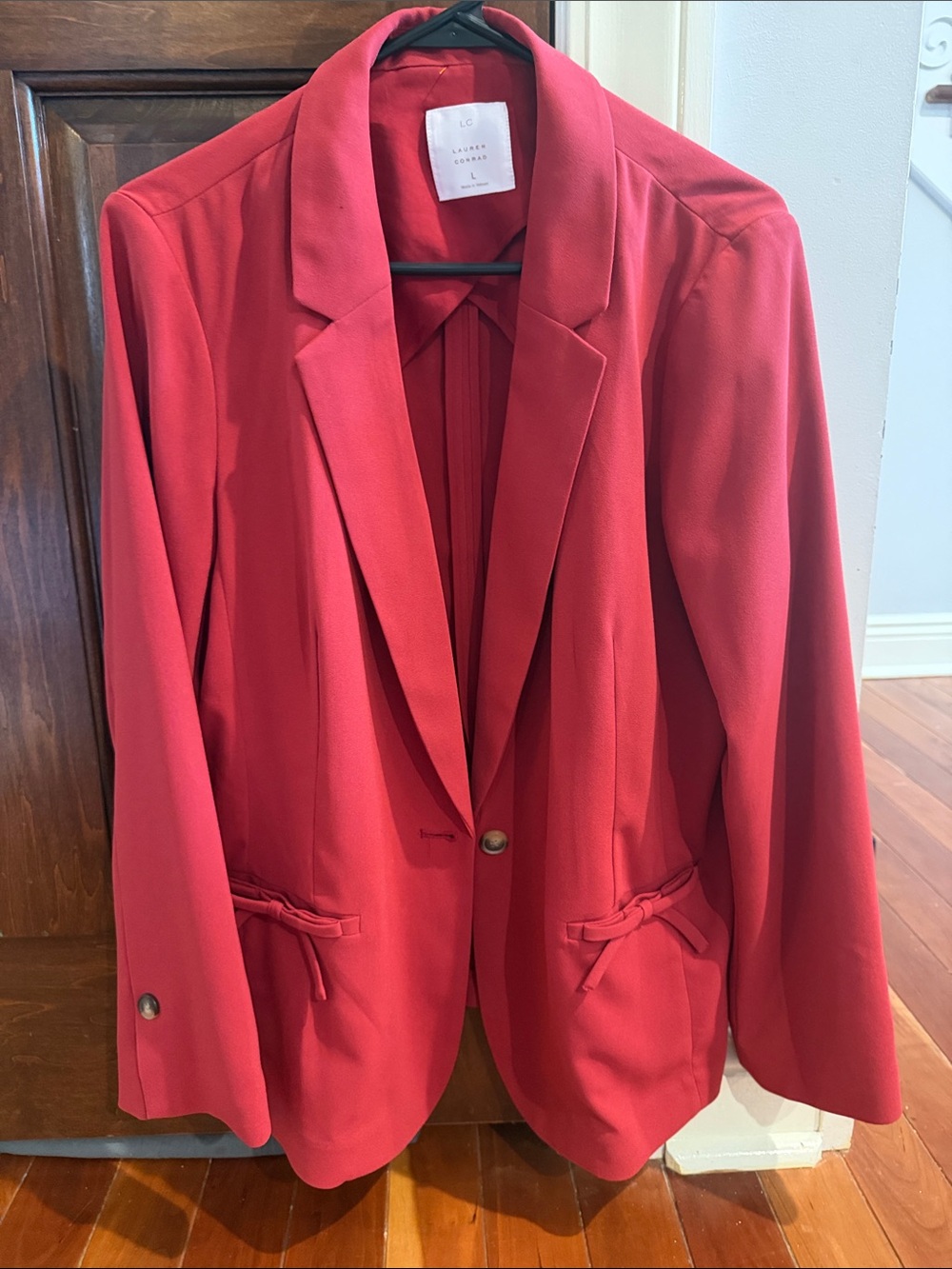 Classic Women's Red Blazer Jacket LAUREN CONRAD color is a muted red burgundy